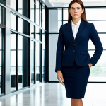 **

A professional businesswoman in a modest, navy blue business suit, standing confidently in a modern office lobby with glass walls and contemporary art, fully clothed, appropriate attire, safe for work, perfect anatomy, natural proportions, corporate photography, high quality, professional demeanor.

**